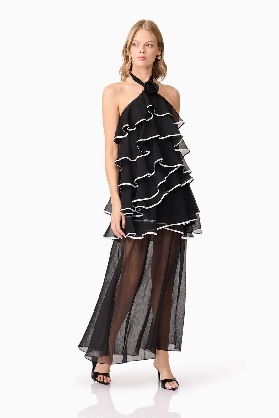 NWT Elliatt Melissa Halter Ruffle Tiered Sheer Maxi Dress Black Plus sz 3X Glams